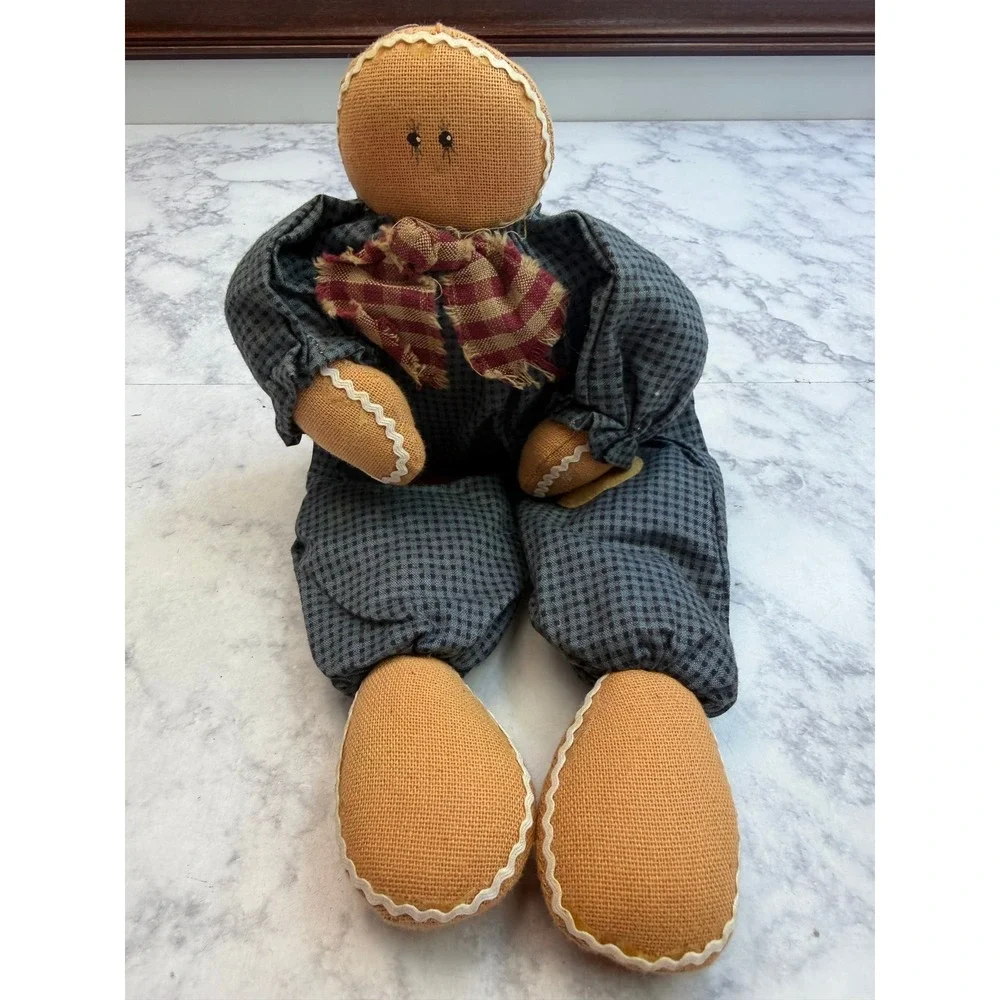 Primitive Gingerbread Man Fabric Doll 11 Inch Rustic Farmhouse Christmas Decor